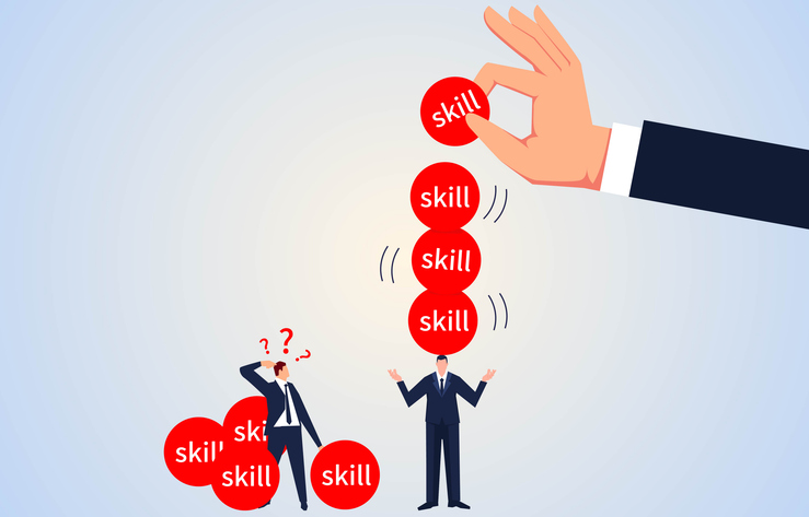 Skilled traders versus rusty traders, failed acrobatic traders watching well performing traders successfully perform acrobatics, professional skills versus efficiency