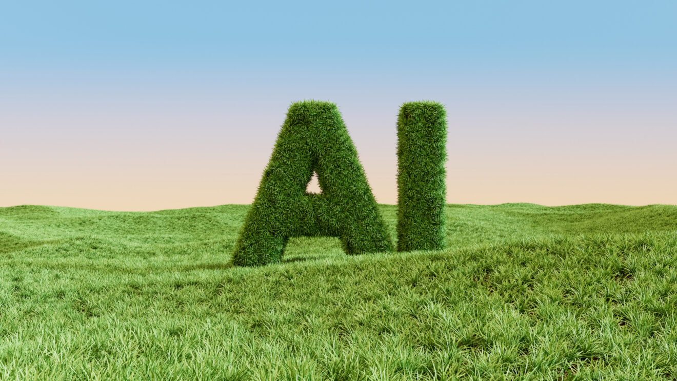Grass Covered AI Text on a Beautiful Meadow. Digitally generated image. 3d render. Used for SmartBrief on Marketing story with headline: How can we make sustainable AI in marketing?