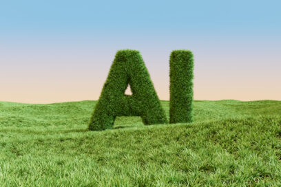 Grass Covered AI Text on a Beautiful Meadow. Digitally generated image. 3d render. Used for SmartBrief on Marketing story with headline: How can we make sustainable AI in marketing?