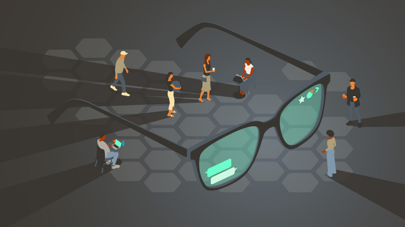 People gather around an oversized pair of glasses, emphasizing their display of various user interface elements, illustrating the concept of smart glasses that augment a user's view with various helpful visual elements. Hands-free wearable technology does not represent a specific manufacturer. Used for SmartBrief Original with headline AI glasses are becoming a marketing tool: Here is what using them actually looks like