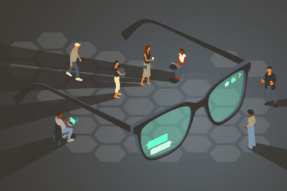 People gather around an oversized pair of glasses, emphasizing their display of various user interface elements, illustrating the concept of smart glasses that augment a user's view with various helpful visual elements. Hands-free wearable technology does not represent a specific manufacturer. Used for SmartBrief Original with headline AI glasses are becoming a marketing tool: Here is what using them actually looks like