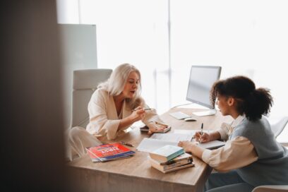 Teachers discussing a lesson.