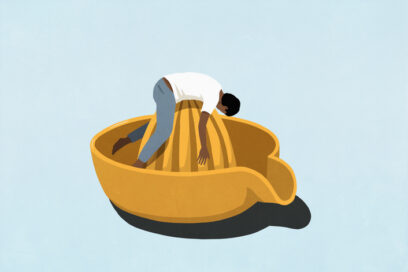 Illustration of Man laying on top of large yellow citrus juicer against blue background