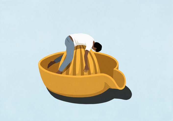 Illustration of Man laying on top of large yellow citrus juicer against blue background