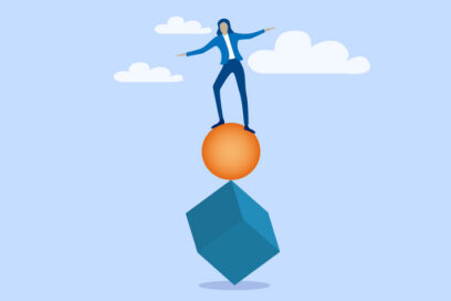 illustration of person balancing on a ball which is atop a cube perched on a corner