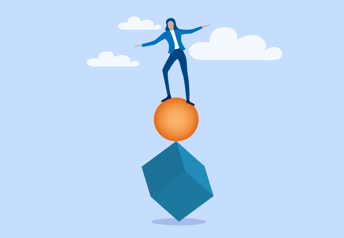 illustration of person balancing on a ball which is atop a cube perched on a corner